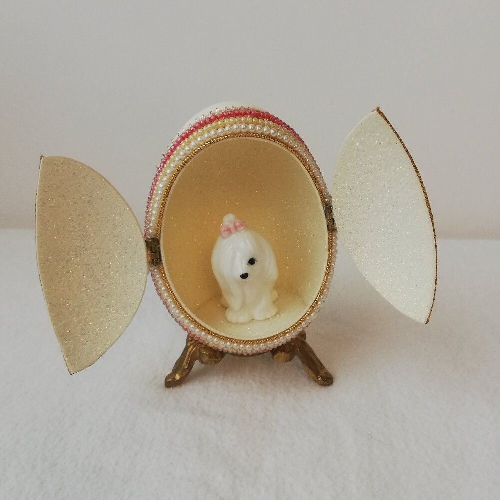 Vintage "The Enchanted" Goose Egg Diorama Trinket Box - White Maltese Puppy